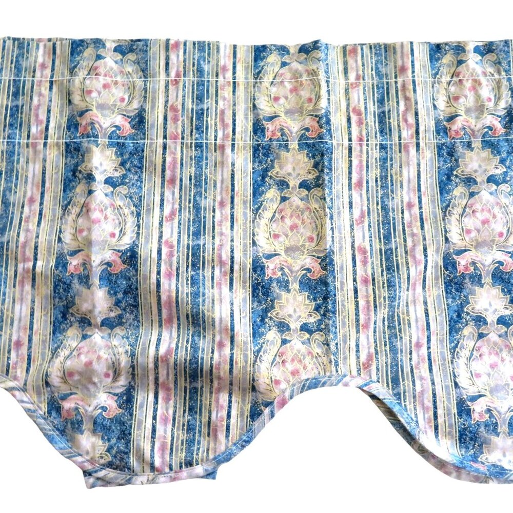 New Vintage JCPenney Valance Curtain Scalloped Blue Floral Stripe Pattern USA